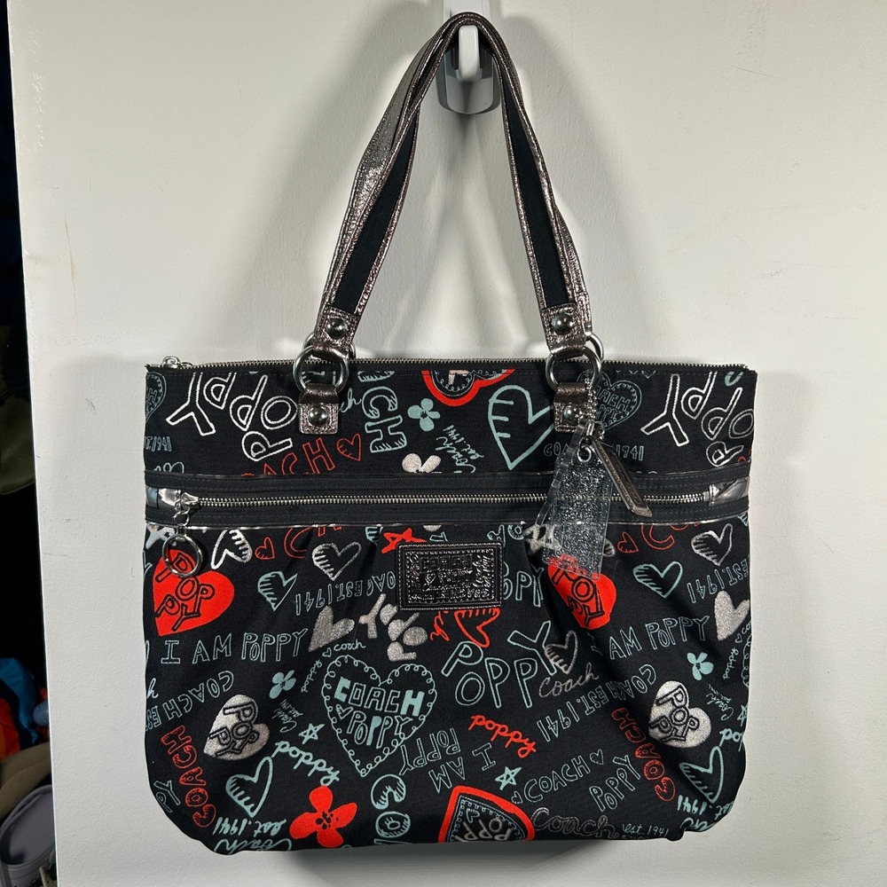Coach Poppy Graffiti Print Canvas Tote Bag Black Hearts Metallic Trim 16292